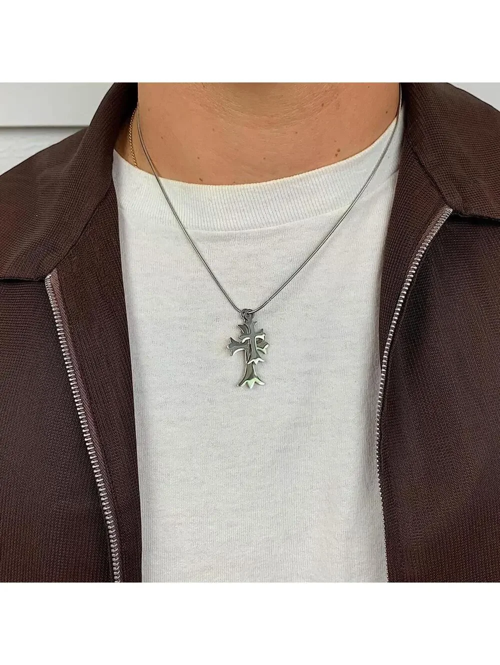Vintage y2k style Double Gothic Cross pendant Stainless Steel Silver necklace